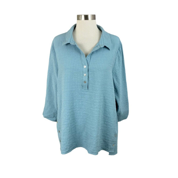 Marla Wynne Blue Textured Button Detail 3/4 Sleeve Popover Tunic Blouse Size XL - Picture 1 of 4